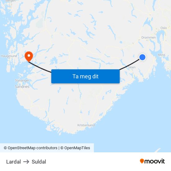 Lardal to Suldal map