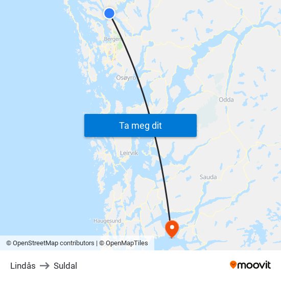 Lindås to Suldal map