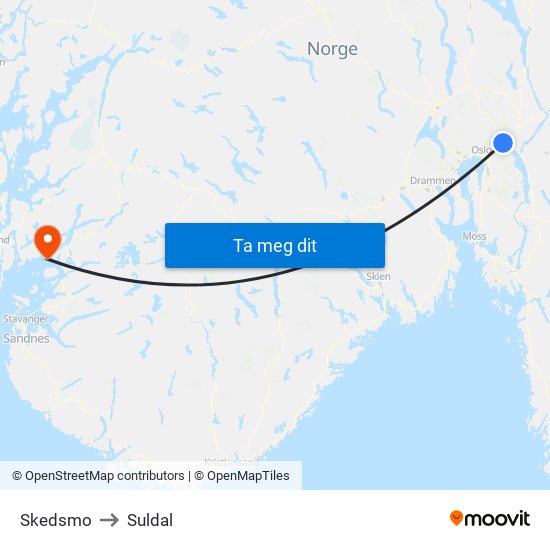 Skedsmo to Suldal map