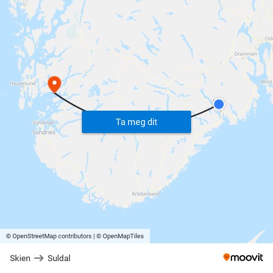 Skien to Suldal map