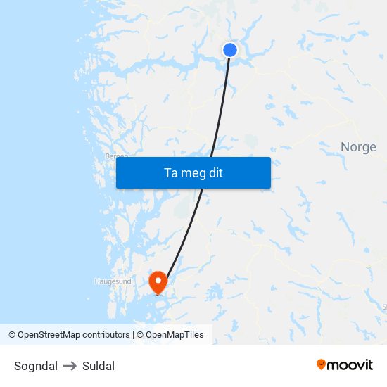 Sogndal to Suldal map