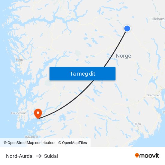 Nord-Aurdal to Suldal map