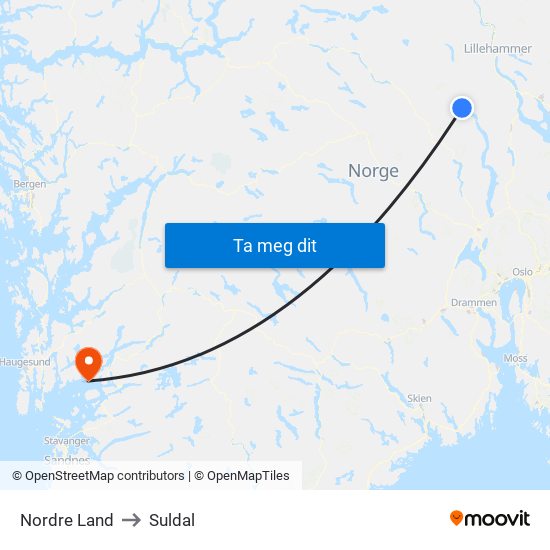 Nordre Land to Suldal map