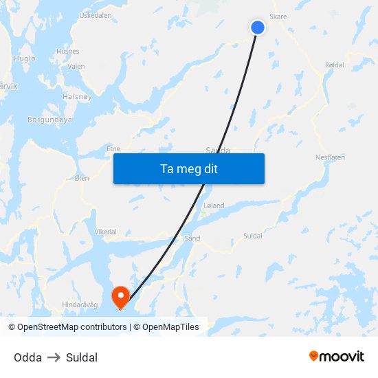 Odda to Suldal map