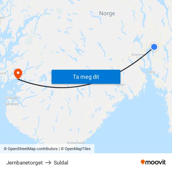 Jernbanetorget to Suldal map