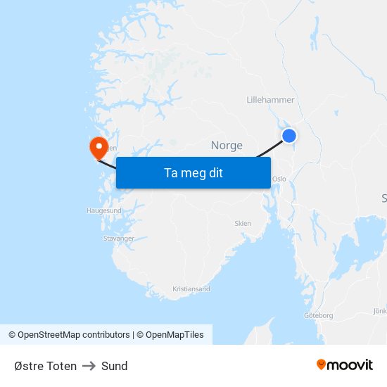 Østre Toten to Sund map