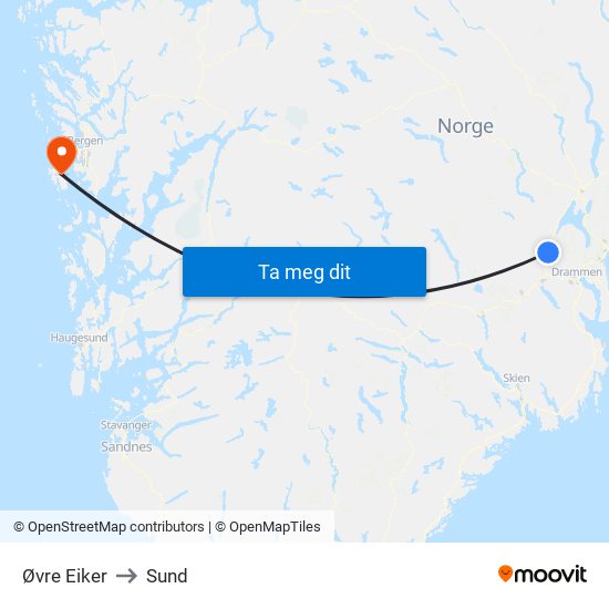 Øvre Eiker to Sund map