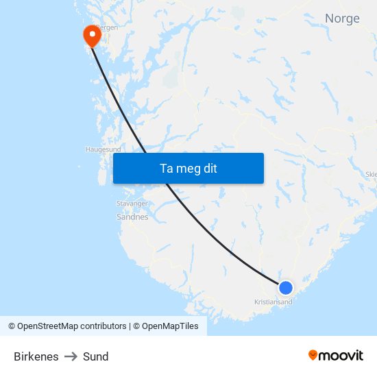 Birkenes to Sund map