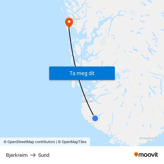 Bjerkreim to Sund map