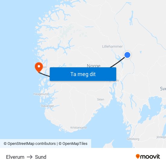 Elverum to Sund map