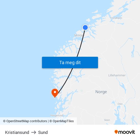 Kristiansund to Sund map