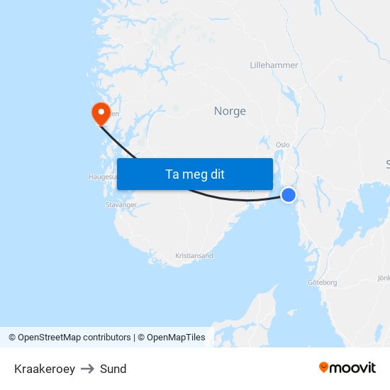 Kraakeroey to Sund map