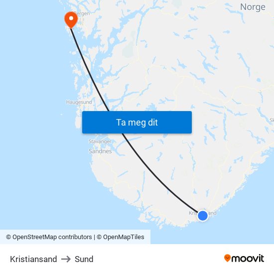 Kristiansand to Sund map