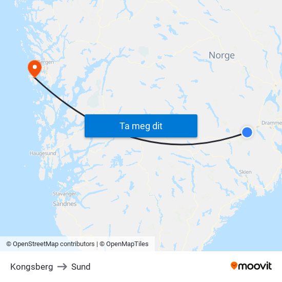 Kongsberg to Sund map