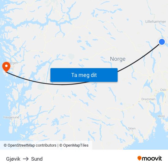 Gjøvik to Sund map