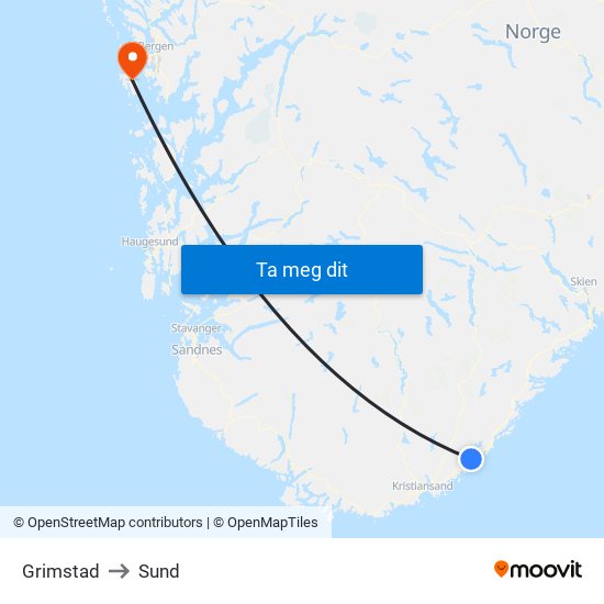 Grimstad to Sund map