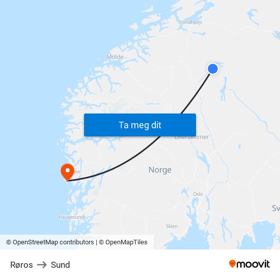 Røros to Sund map