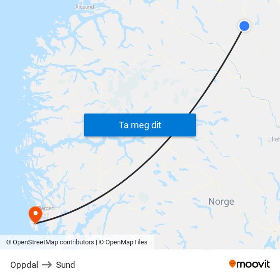 Oppdal to Sund map