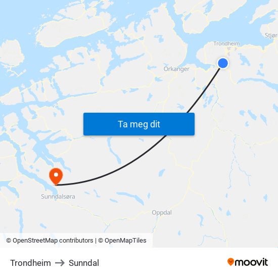 Trondheim to Sunndal map