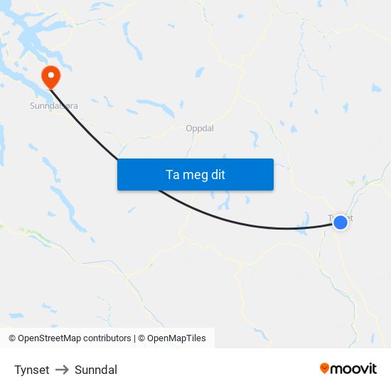 Tynset to Sunndal map