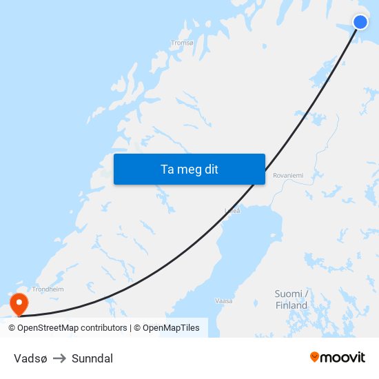 Vadsø to Sunndal map
