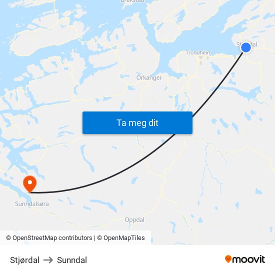 Stjørdal to Sunndal map