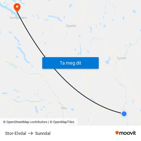Stor-Elvdal to Sunndal map