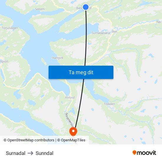 Surnadal to Sunndal map