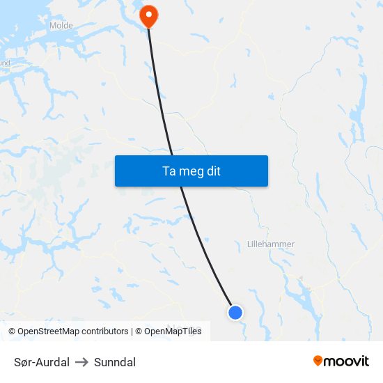 Sør-Aurdal to Sunndal map