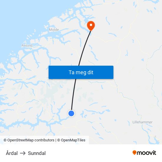 Årdal to Sunndal map