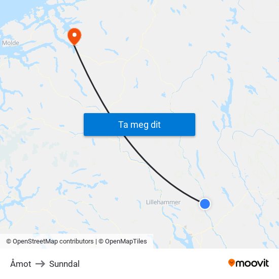 Åmot to Sunndal map