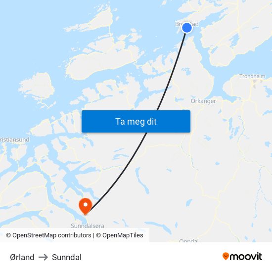 Ørland to Sunndal map