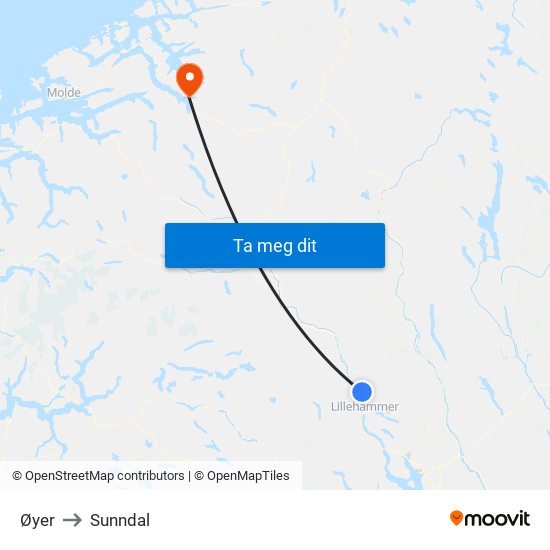 Øyer to Sunndal map