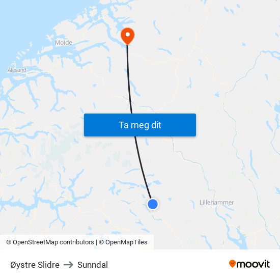Øystre Slidre to Sunndal map