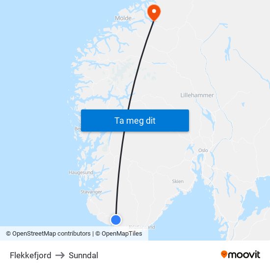 Flekkefjord to Sunndal map