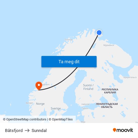 Båtsfjord to Sunndal map