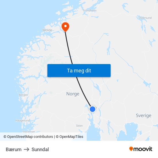 Bærum to Sunndal map