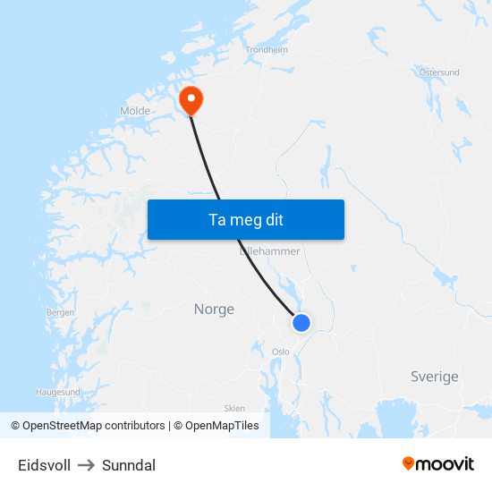 Eidsvoll to Sunndal map