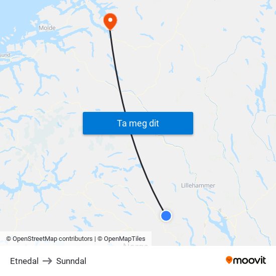 Etnedal to Sunndal map