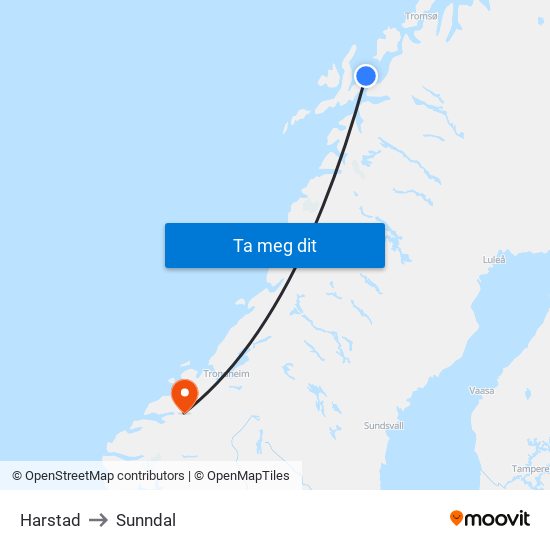 Harstad to Sunndal map