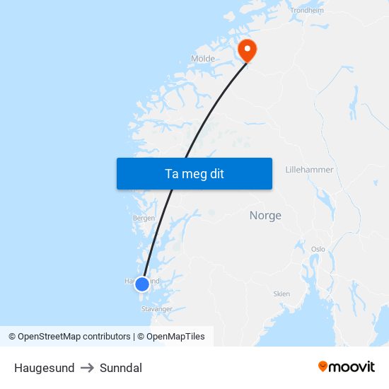 Haugesund to Sunndal map