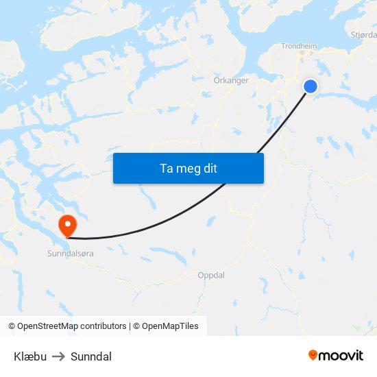 Klæbu to Sunndal map