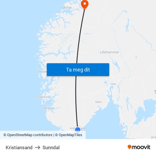 Kristiansand to Sunndal map
