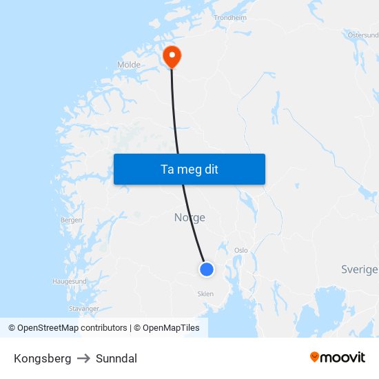 Kongsberg to Sunndal map