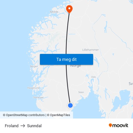 Froland to Sunndal map