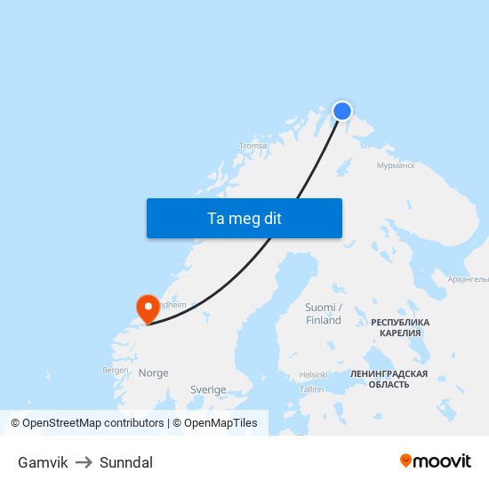 Gamvik to Sunndal map