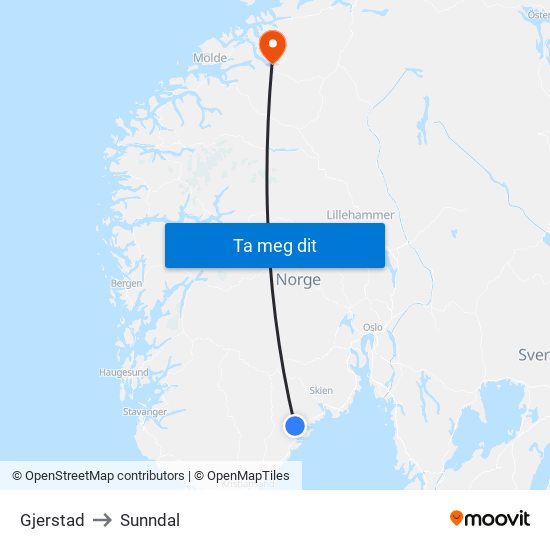 Gjerstad to Sunndal map