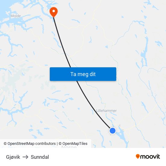 Gjøvik to Sunndal map