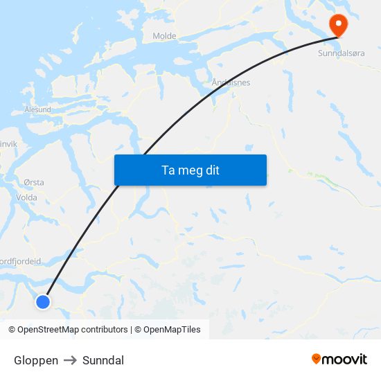 Gloppen to Sunndal map