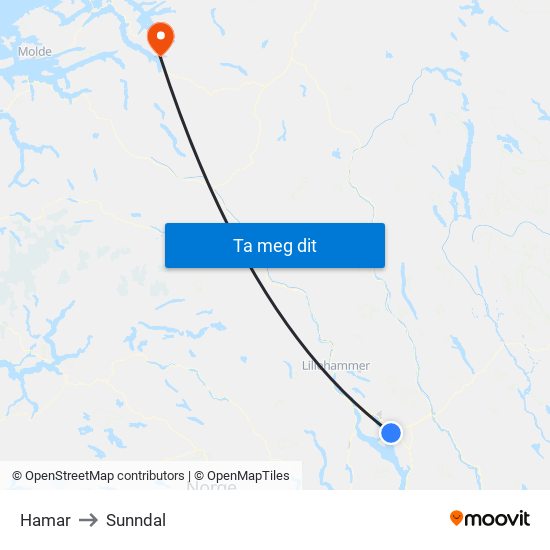 Hamar to Sunndal map